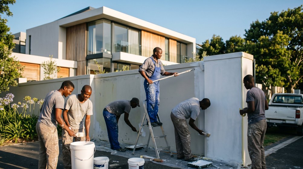 Professional team painting a boundary wall at a modern home in Bellville