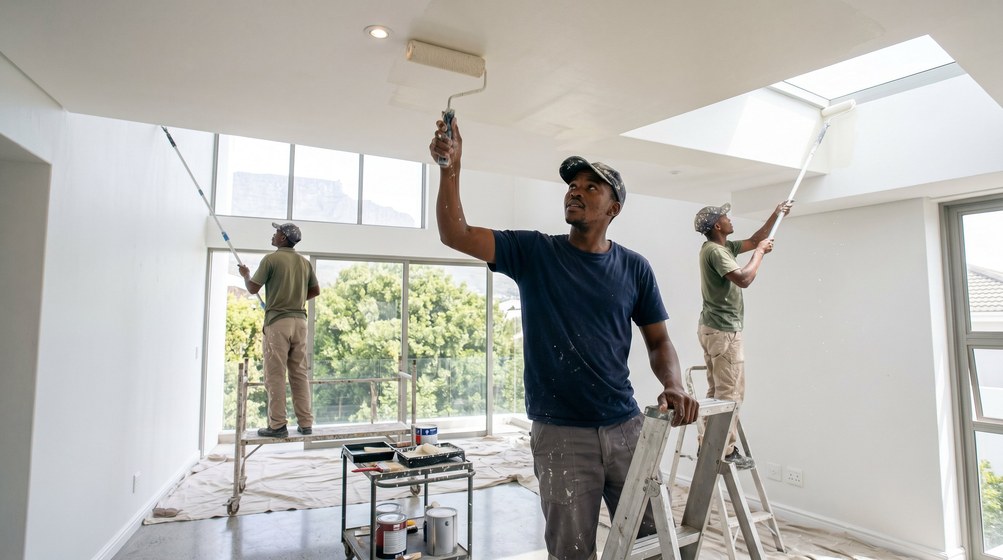 Professional ceiling painters rolling white paint onto a high ceiling in Bellville
