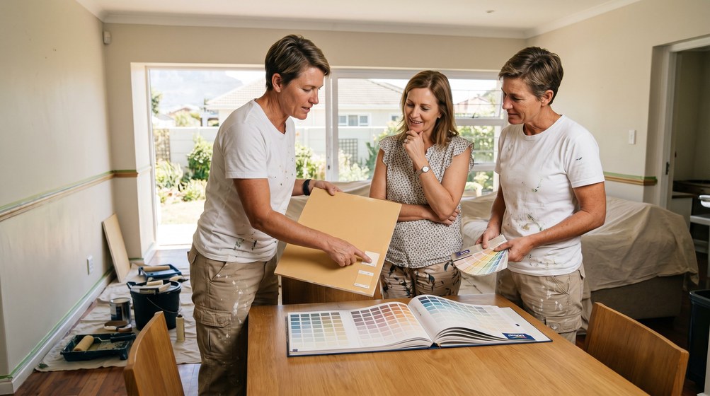 Professional colour consultant showing paint swatches to a homeowner in Bellville