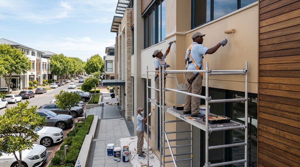 Professional commercial painters on scaffolding painting a building in Bellville