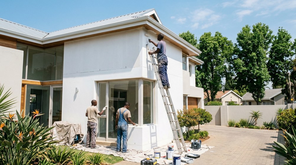 Painters preparing and coating an exterior wall in Parow