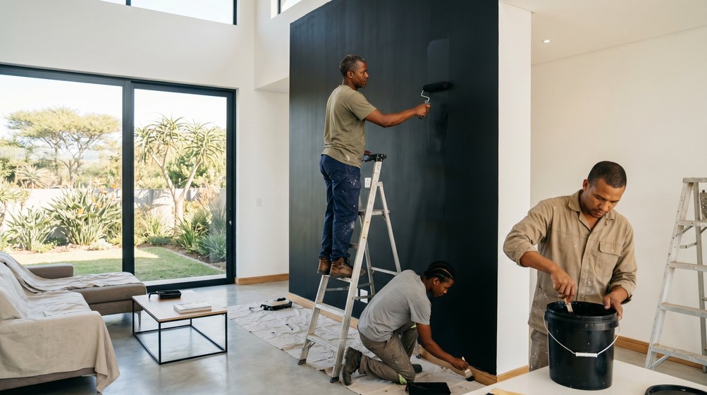 Professional painters creating a bold black feature wall in a modern Bellville home