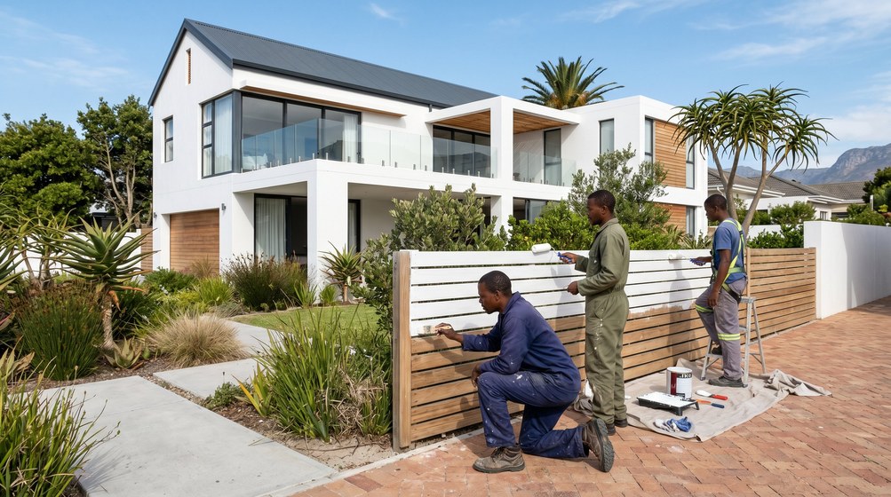 Professional fence painters painting a wooden fence at a Bellville home in Bellville