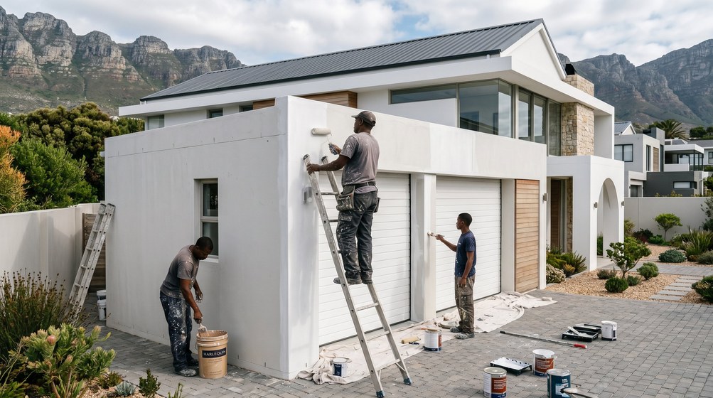Professional painters painting a double garage exterior and garage doors in Bellville
