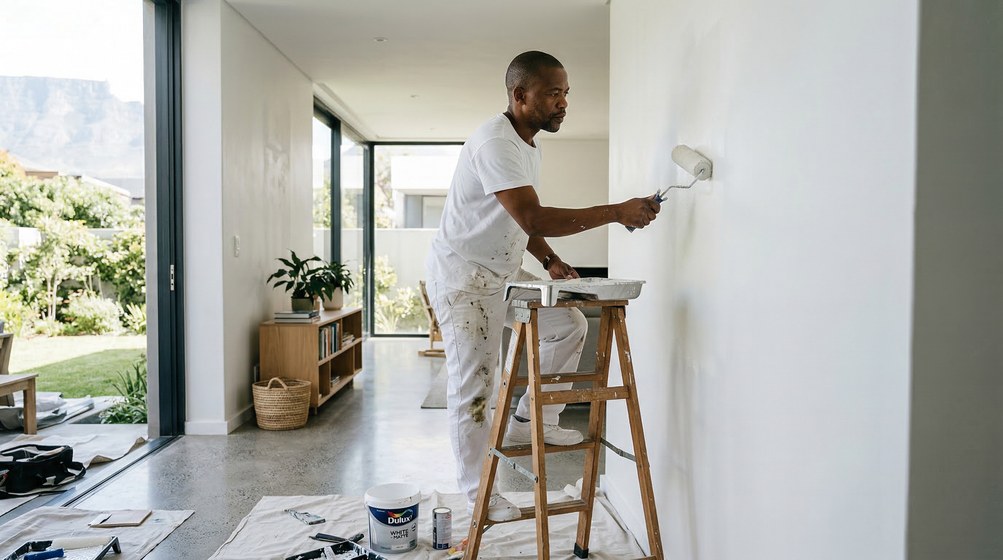 Professional interior painter in Bellville painting walls with a roller