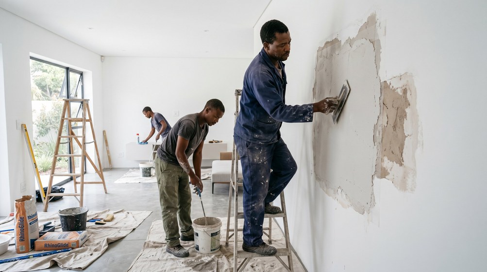 Professional plaster repair team skim coating damaged walls in Bellville