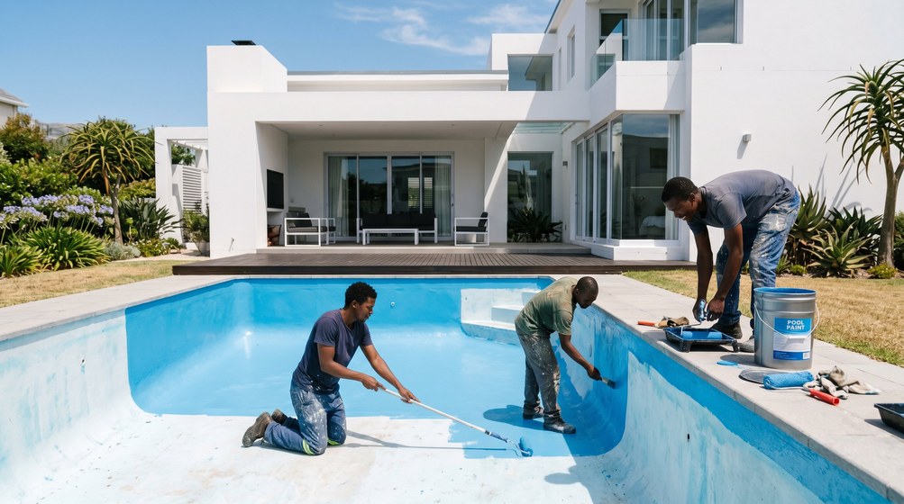 Professional pool painters applying blue pool paint to a swimming pool in Bellville