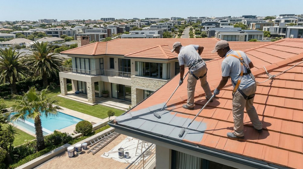 Professional roof painters applying waterproof coating to tiled roof in Bellville