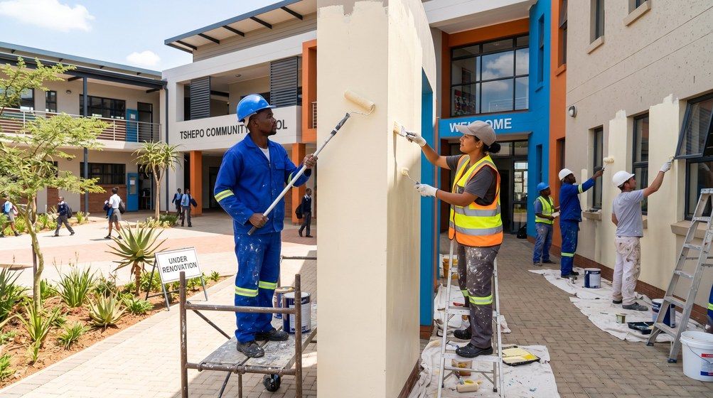 Professional school painting team painting a community school in Bellville