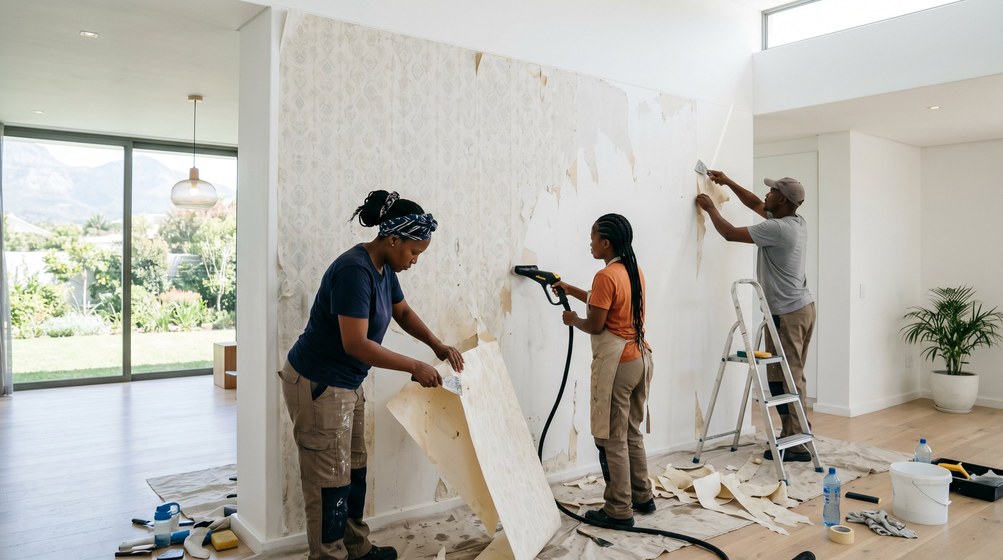 Professional wallpaper removal team stripping old wallpaper in a Bellville home