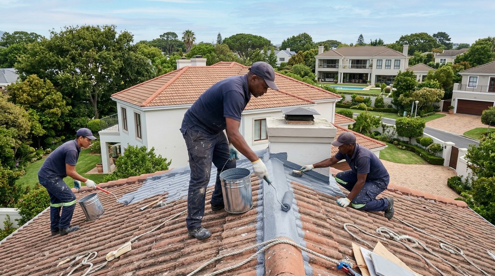 Professional waterproofing team applying membrane to roof in Bellville