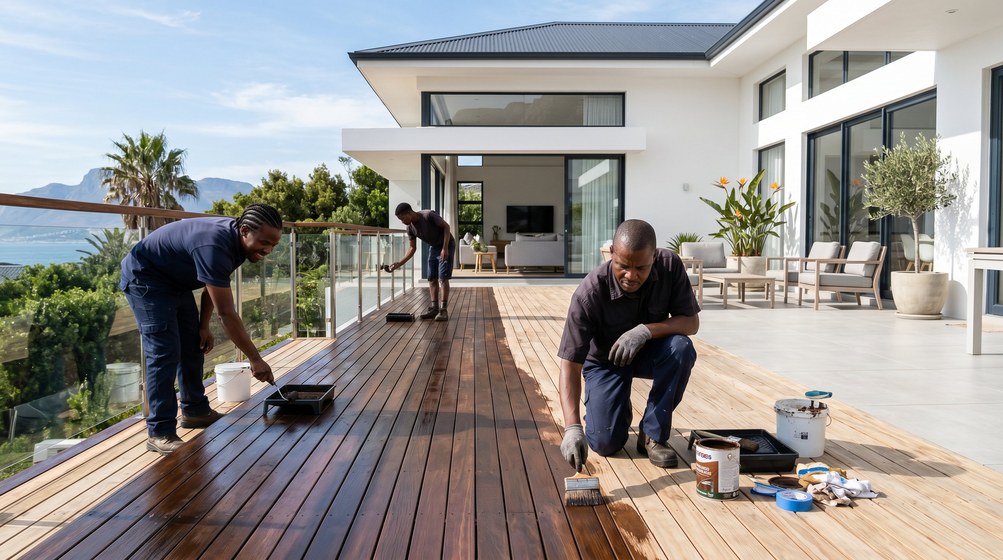 Professional wood staining team applying deck stain on a home in Bellville